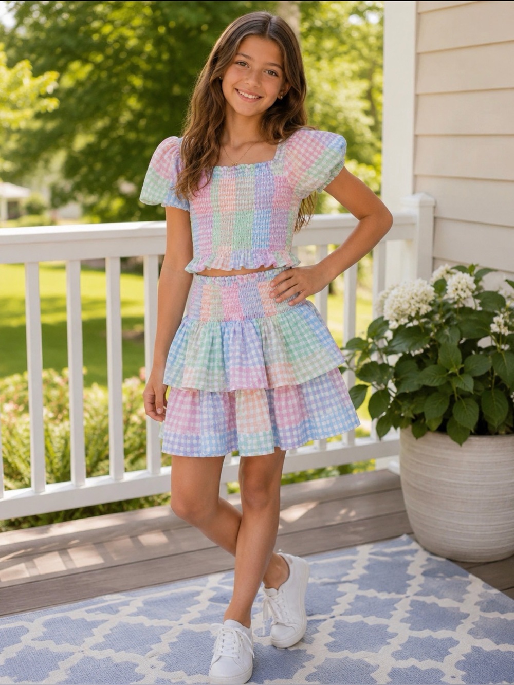 art class Pastel Gingham Shirred Top & Tiered Skirt Set - Pink Green Blue